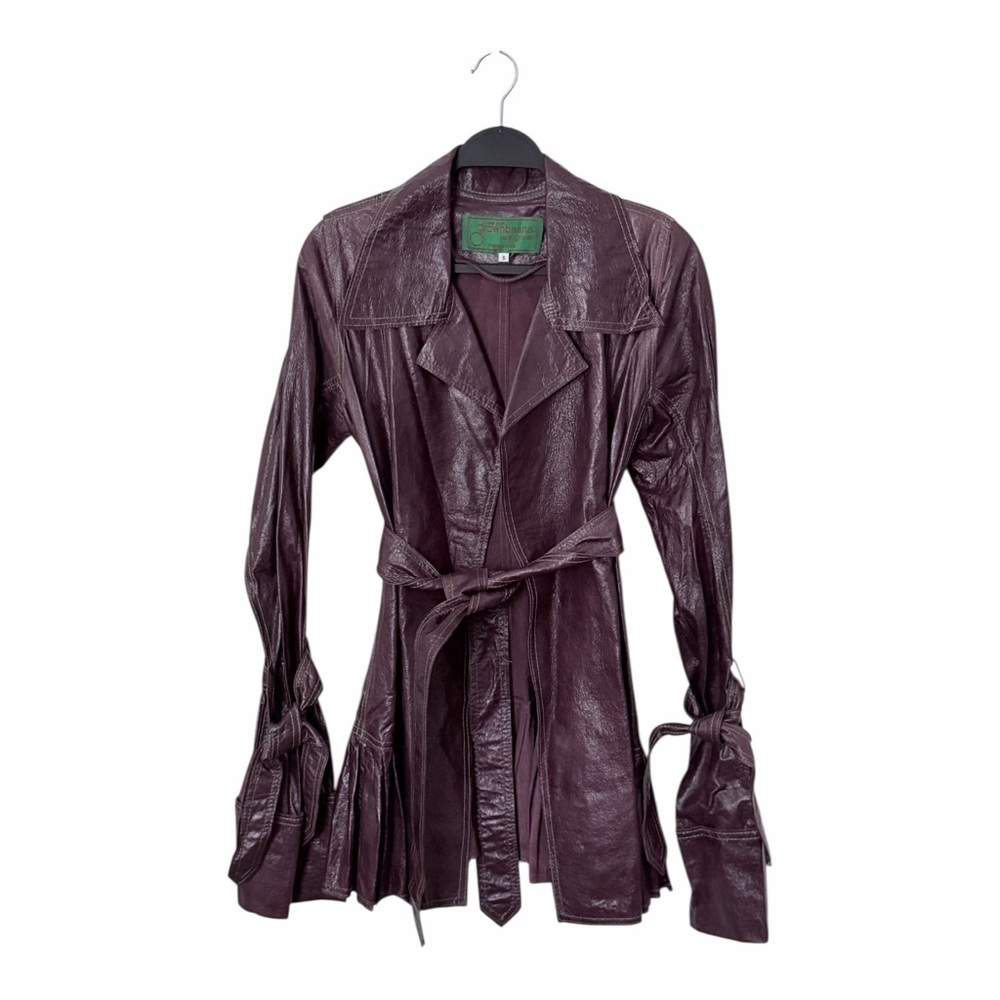 Vintage 90s Grownbeans Karen Groner Leather Trench Coat Size Small Purple Rare - Picture 8 of 11